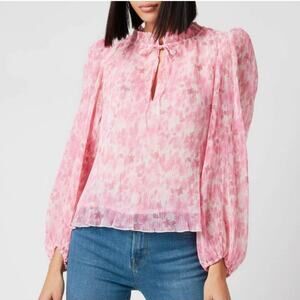 Ganni Floral Plisse Georgette Top Size 42 Pink Pleated Long Sleeve Blouse